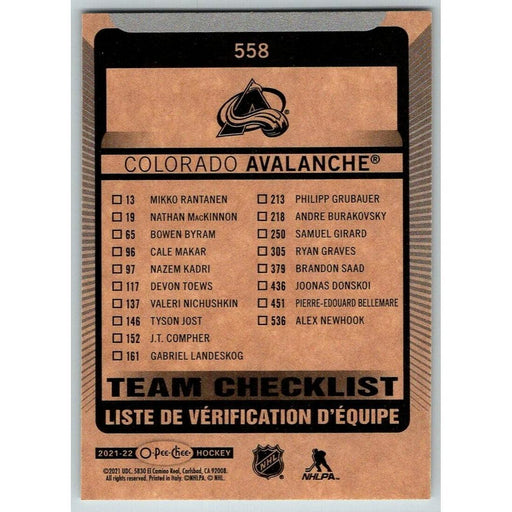 2021-22 O-Pee-Chee (Upper Deck OPC) Team Checklist Colorado Avalanche #558 - Collectible Craze America