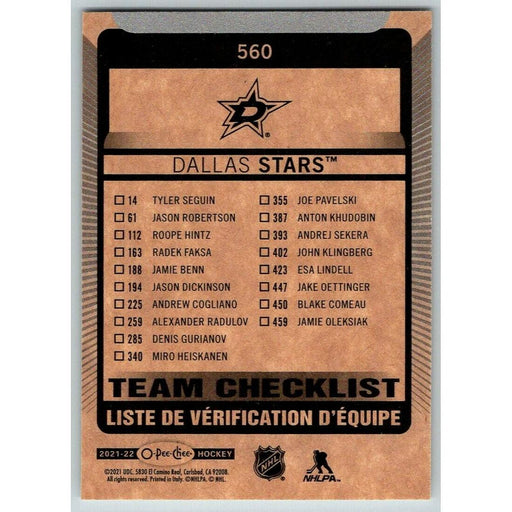 2021-22 O-Pee-Chee (Upper Deck OPC) Team Checklist Dallas Stars #560 - Collectible Craze America