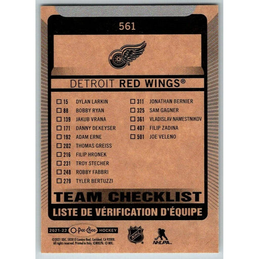 2021-22 O-Pee-Chee (Upper Deck OPC) Team Checklist Detroit Red Wings #561 - Collectible Craze America