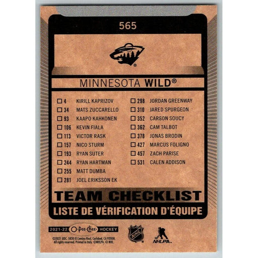 2021-22 O-Pee-Chee (Upper Deck OPC) Team Checklist Minnesota Wild #565 - Collectible Craze America