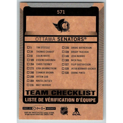 2021-22 O-Pee-Chee (Upper Deck OPC) Team Checklist Ottawa Senators #571 - Collectible Craze America