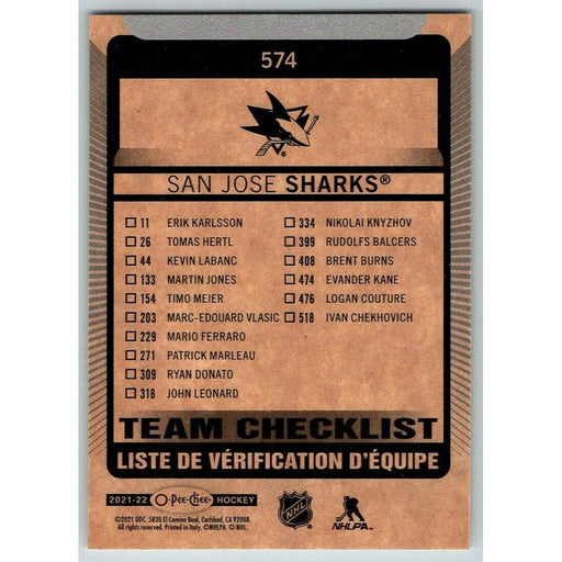 2021-22 O-Pee-Chee (Upper Deck OPC) Team Checklist San Jose Sharks #574 - Collectible Craze America