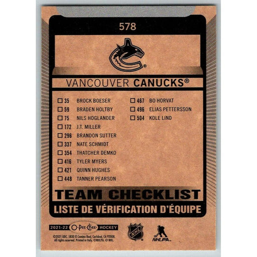 2021-22 O-Pee-Chee (Upper Deck OPC) Team Checklist Vancouver Canucks #578 - Collectible Craze America