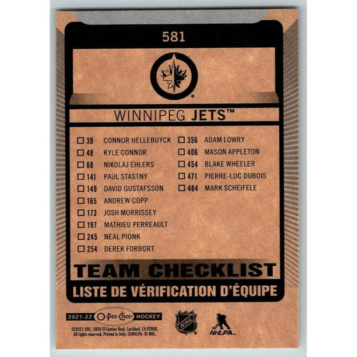 2021-22 O-Pee-Chee (Upper Deck OPC) Team Checklist Winnipeg Jets #581 - Collectible Craze America