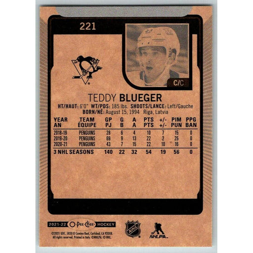 2021-22 O-Pee-Chee (Upper Deck OPC) Teddy Blueger Pittsburgh Penguins #221 - Collectible Craze America