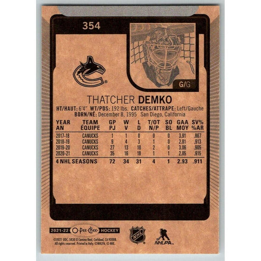 2021-22 O-Pee-Chee (Upper Deck OPC) Thatcher Demko Vancouver Canucks #354 - Collectible Craze America
