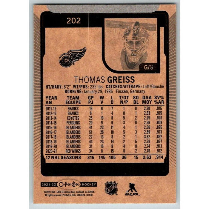 2021-22 O-Pee-Chee (Upper Deck OPC) Thomas Greiss Detroit Red Wings #202 - Collectible Craze America