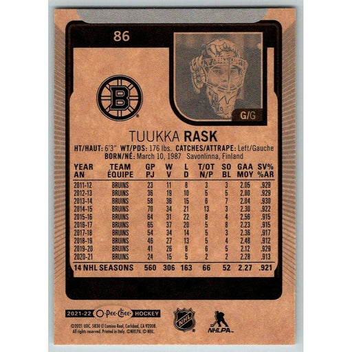 2021-22 O-Pee-Chee (Upper Deck OPC) Tuukka Rask Boston Bruins #86 - Collectible Craze America