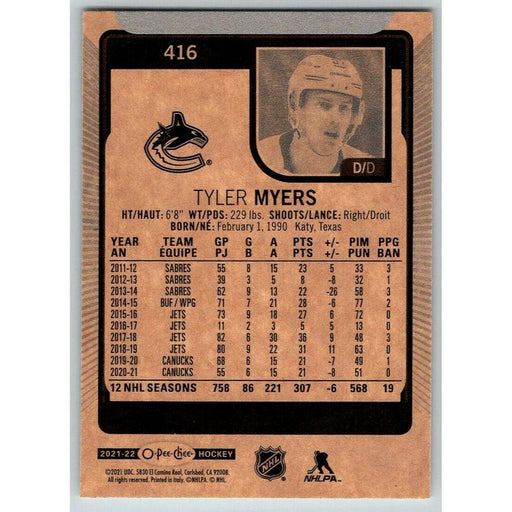 2021-22 O-Pee-Chee (Upper Deck OPC) Tyler Myers Vancouver Canucks #416 - Collectible Craze America