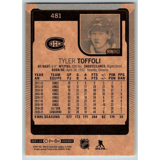 2021-22 O-Pee-Chee (Upper Deck OPC) Tyler Toffoli Montreal Canadiens #481 - Collectible Craze America