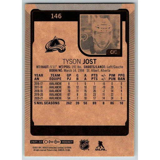 2021-22 O-Pee-Chee (Upper Deck OPC) Tyson Jost Colorado Avalanche #146 - Collectible Craze America