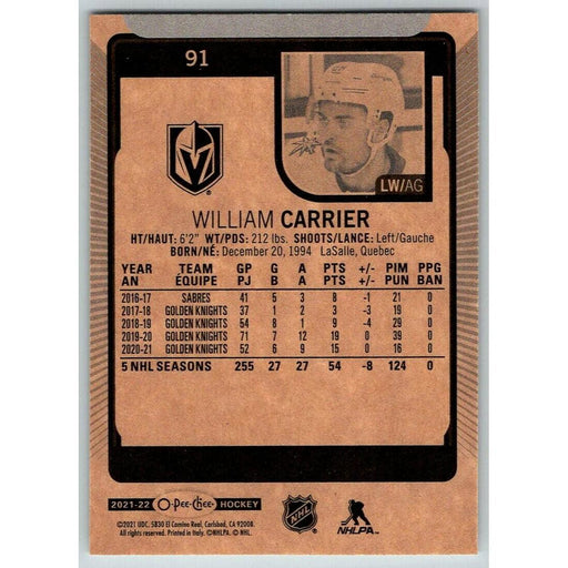 2021-22 O-Pee-Chee (Upper Deck OPC) William Carrier Vegas Golden Knights #91 - Collectible Craze America