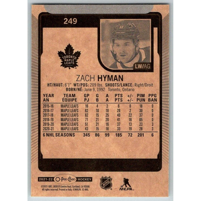 2021-22 O-Pee-Chee (Upper Deck OPC) Zach Hyman Toronto Maple Leafs #249 - Collectible Craze America