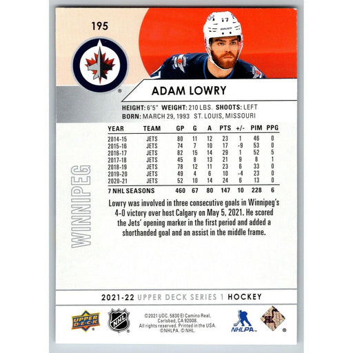 2021-22 UD Hockey Series 1 Adam Lowry Winnipeg Jets #195 - Collectible Craze America