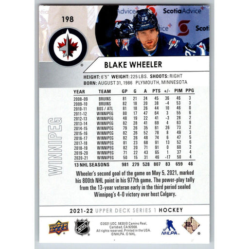 2021-22 UD Hockey Series 1 Blake Wheeler Winnipeg Jets #198 - Collectible Craze America