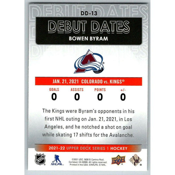 2021-22 UD Hockey Series 1 Bowen Byram RC Colorado Avalanche #DD-13 Debut Dates - Collectible Craze America