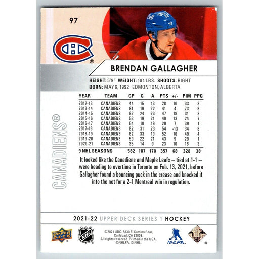 2021-22 UD Hockey Series 1 Brendan Gallagher Montreal Canadiens #97 - Collectible Craze America