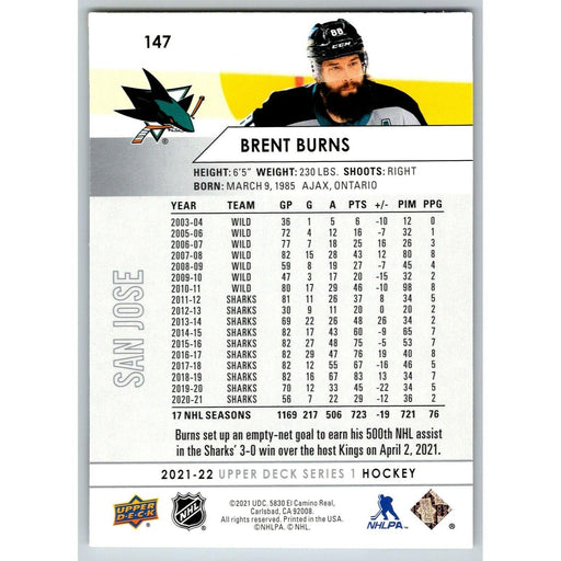 2021-22 UD Hockey Series 1 Brent Burns San Jose Sharks #147 - Collectible Craze America