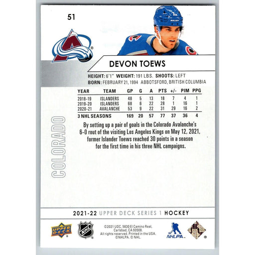2021-22 UD Hockey Series 1 Devon Toews Colorado Avalanche #51 - Collectible Craze America