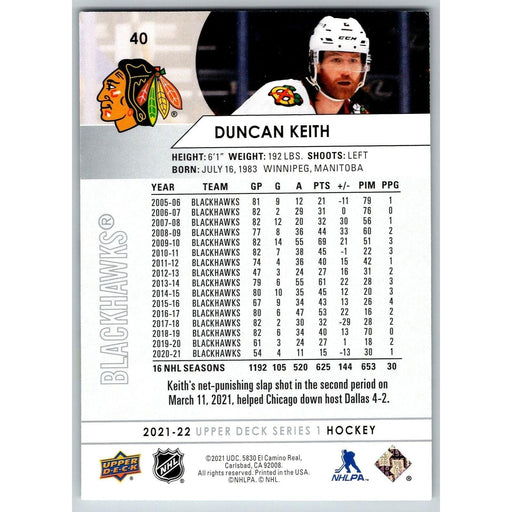 2021-22 UD Hockey Series 1 Duncan Keith Chicago Blackhawks #40 - Collectible Craze America