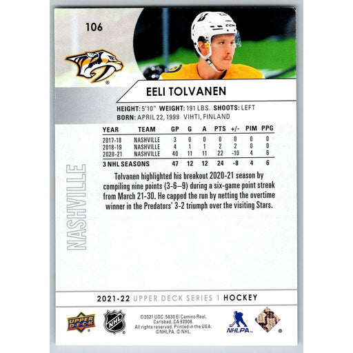 2021-22 UD Hockey Series 1 Eeli Tolvanen Nashville Predators #106 - Collectible Craze America