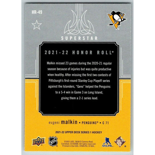 2021-22 UD Hockey Series 1 Evgeni Malkin Pittsburgh Penguins #HR-49 Honor Roll - Collectible Craze America