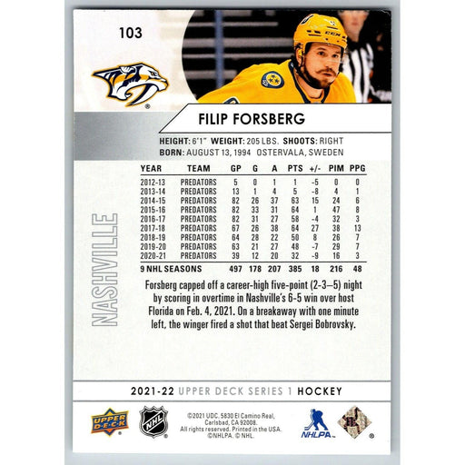 2021-22 UD Hockey Series 1 Filip Forsberg Nashville Predators #103 - Collectible Craze America