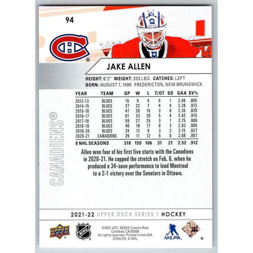 2021-22 UD Hockey Series 1 Jake Allen Montreal Canadiens #94 - Collectible Craze America