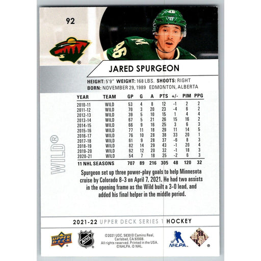 2021-22 UD Hockey Series 1 Jared Spurgeon Minnesota Wild #92 - Collectible Craze America