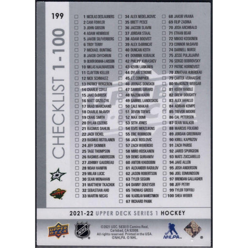 2021-22 UD Hockey Series 1 Jason Robertson Dallas Stars #199 Checklist - Collectible Craze America