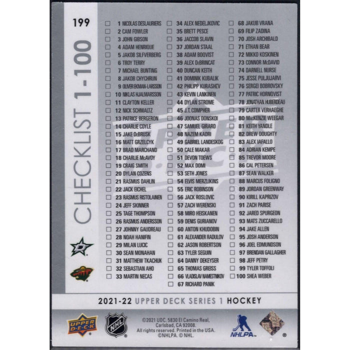 2021-22 UD Hockey Series 1 Jason Robertson Dallas Stars #199 Checklist - Collectible Craze America