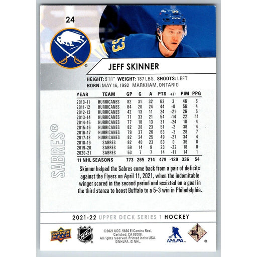 2021-22 UD Hockey Series 1 Jeff Skinner Buffalo Sabres #24 - Collectible Craze America