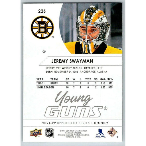 2021-22 UD Hockey Series 1 Jeremy Swayman RC Boston Bruins #226 Young Guns - Collectible Craze America