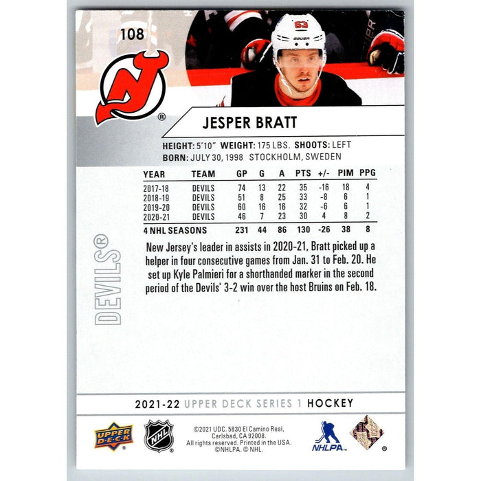 2021-22 UD Hockey Series 1 Jesper Bratt New Jersey Devils #108 - Collectible Craze America