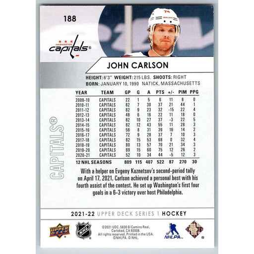 2021-22 UD Hockey Series 1 John Carlson Washington Capitals #188 - Collectible Craze America