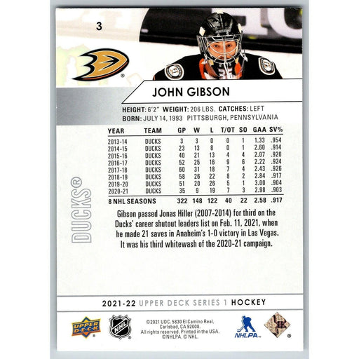 2021-22 UD Hockey Series 1 John Gibson Anaheim Ducks #3 - Collectible Craze America