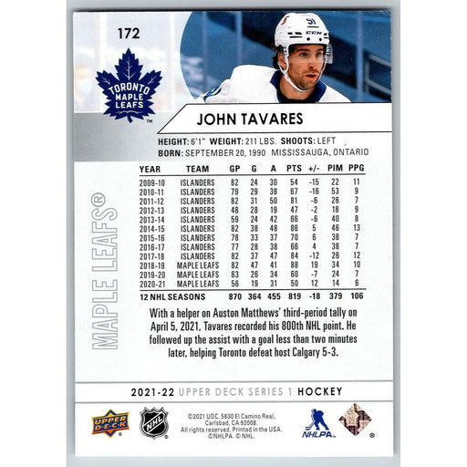 2021-22 UD Hockey Series 1 John Tavares Toronto Maple Leafs #172 - Collectible Craze America