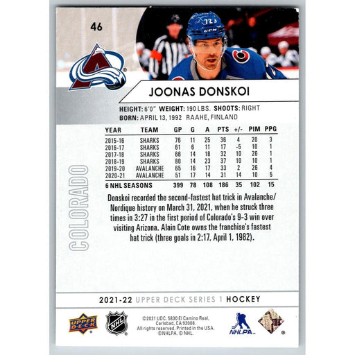 2021-22 UD Hockey Series 1 Joonas Donskoi Colorado Avalanche #46 - Collectible Craze America