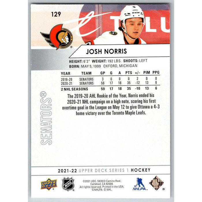 2021-22 UD Hockey Series 1 Josh Norris Ottawa Senators #128 - Collectible Craze America