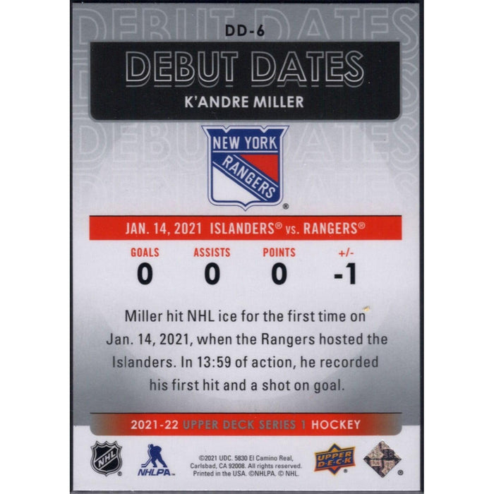 2021-22 UD Hockey Series 1 K'Andre Miller New York Rangers #DD-6 Debut Dates - Collectible Craze America