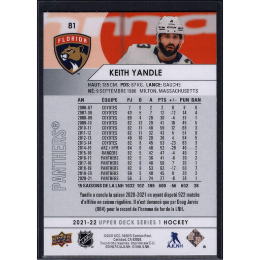 2021-22 UD Hockey Series 1 Keith Yandle Florida Panthers #81 French Variant - Collectible Craze America