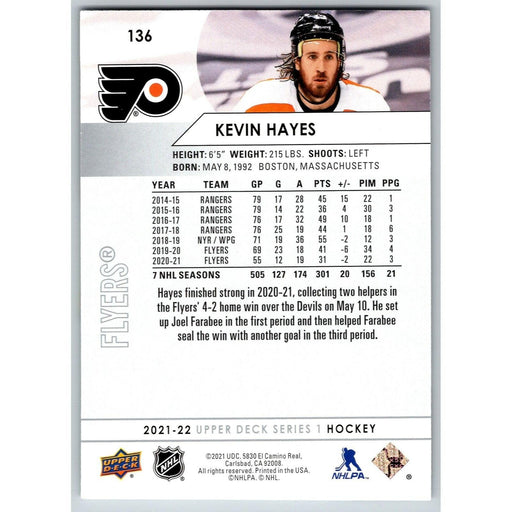 2021-22 UD Hockey Series 1 Kevin Hayes Philadelphia Flyers #136 - Collectible Craze America