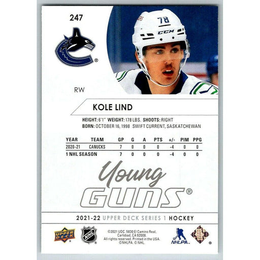 2021-22 UD Hockey Series 1 Kole Lind RC Vancouver Canucks #247 Young Guns - Collectible Craze America