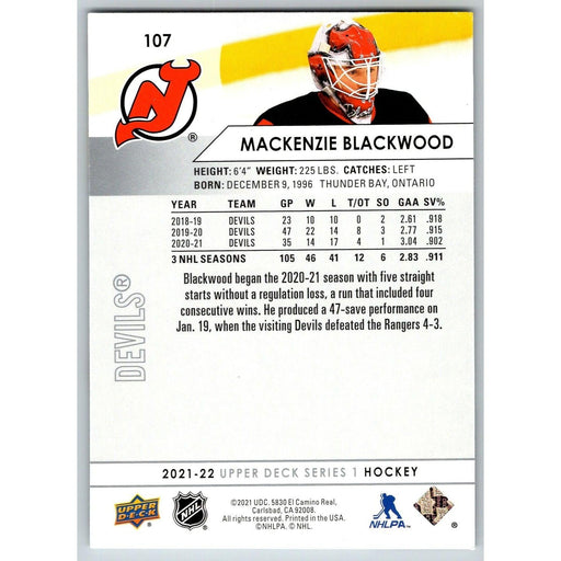 2021-22 UD Hockey Series 1 Mackenzie Blackwood New Jersey Devils #107 - Collectible Craze America