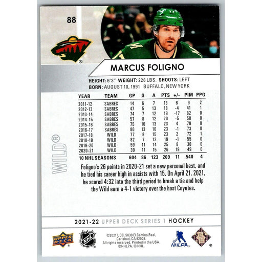 2021-22 UD Hockey Series 1 Marcus Foligno Minnesota Wild #88 - Collectible Craze America