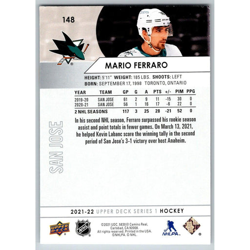 2021-22 UD Hockey Series 1 Mario Ferraro San Jose Sharks #148 - Collectible Craze America