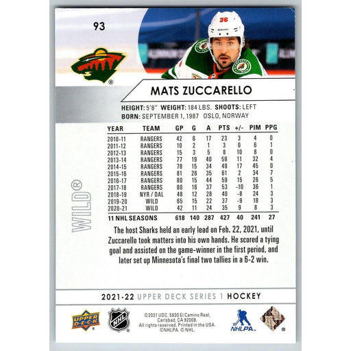 2021-22 UD Hockey Series 1 Mats Zuccarello Minnesota Wild #93 - Collectible Craze America