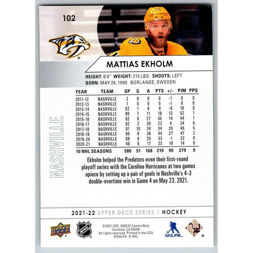 2021-22 UD Hockey Series 1 Mattias Ekholm Nashville Predators #102 - Collectible Craze America