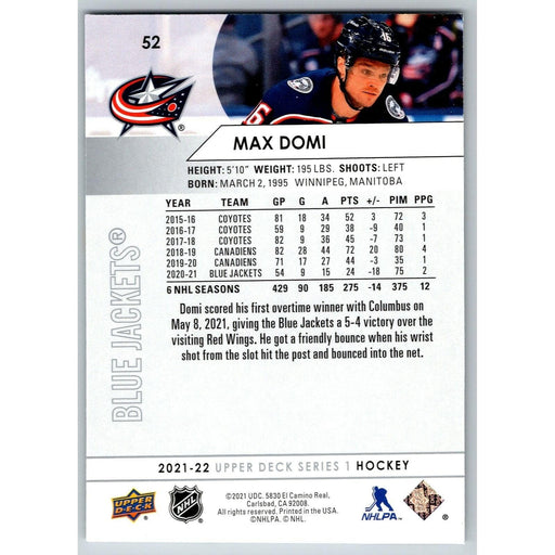 2021-22 UD Hockey Series 1 Max Domi Columbus Blue Jackets #52 - Collectible Craze America