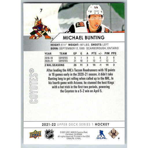 2021-22 UD Hockey Series 1 Michael Bunting Arizona Coyotes #7 - Collectible Craze America